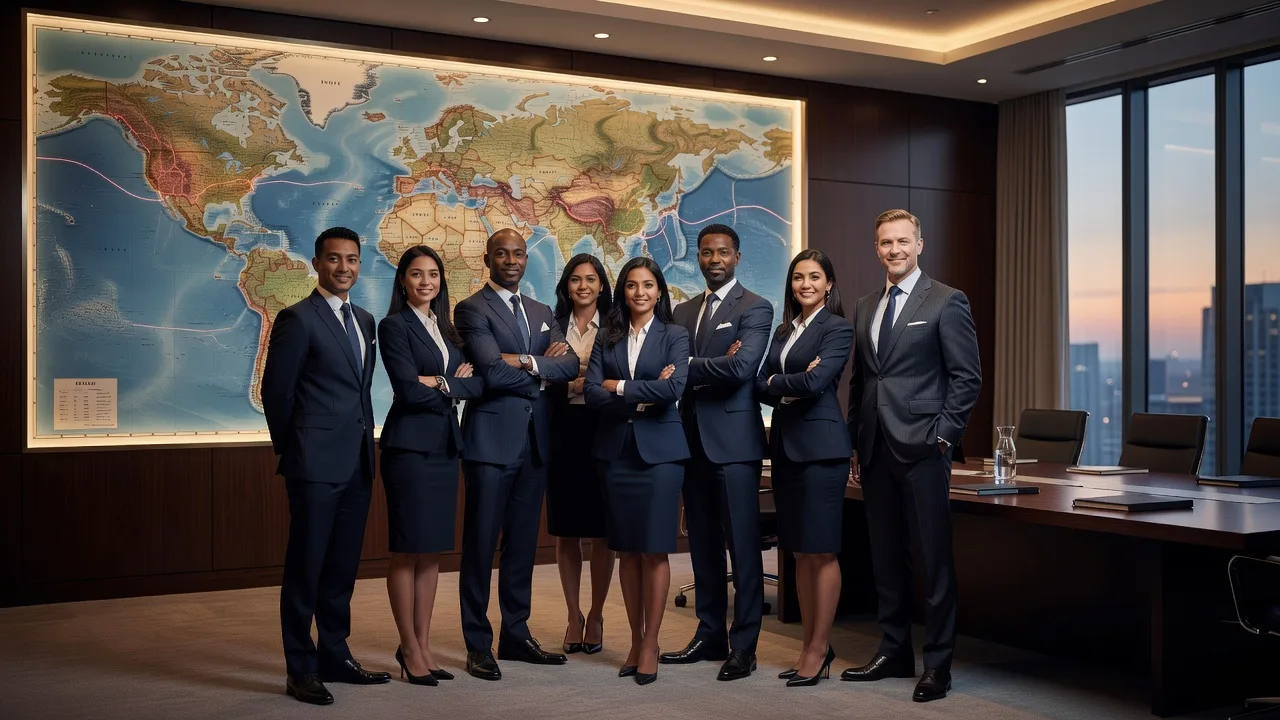 A diverse global business team collaborating